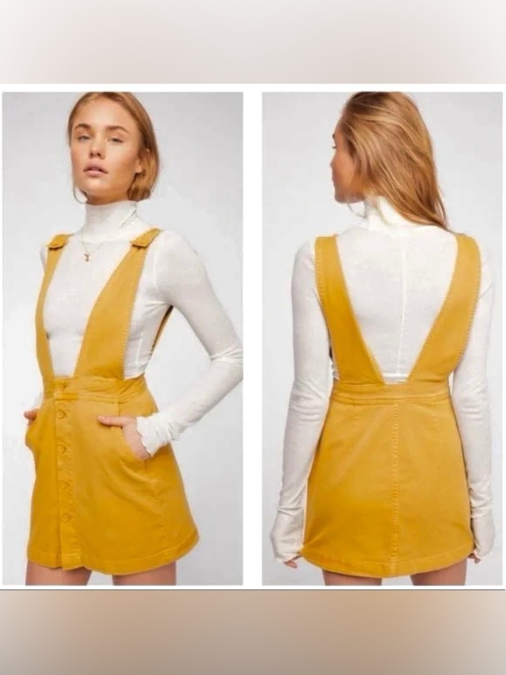 We The Free Mustard Yellow Denim Pinafore Dress